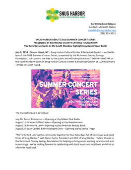 425-3515 Snug Harbor Debuts 2018 Summer Concert