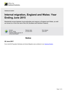 Internal Migration, England and Wales: Year Ending June 2015