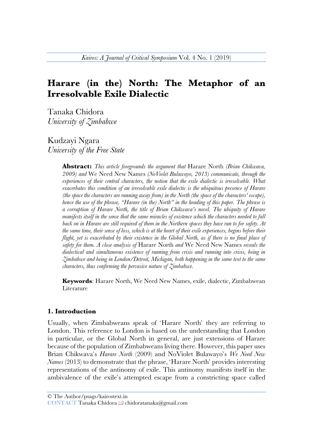 Harare (In The) North: the Metaphor of an Irresolvable Exile Dialectic