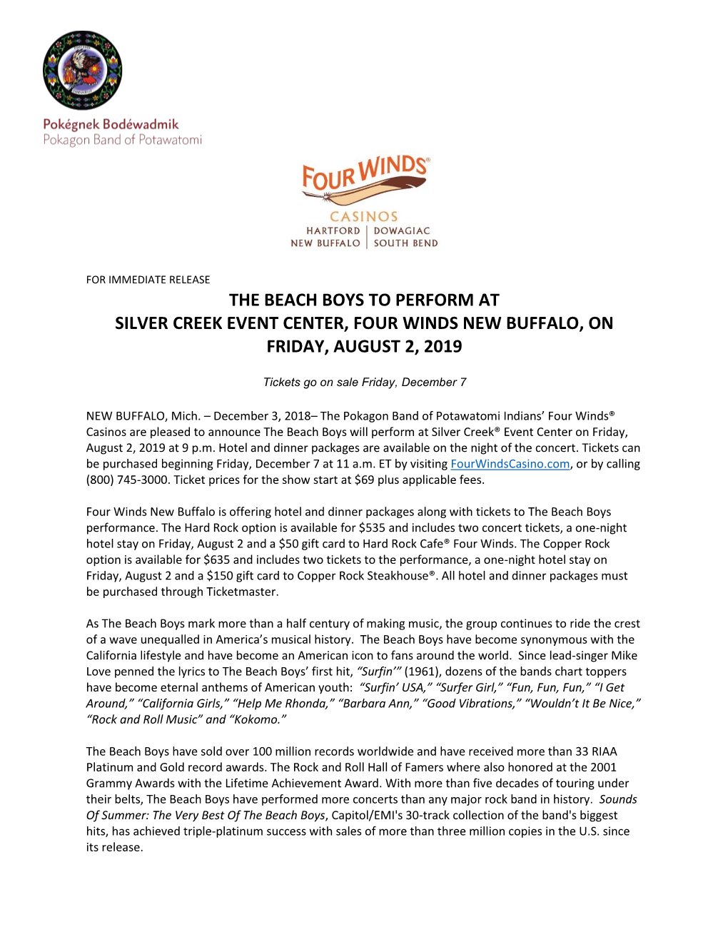 The Beach Boys to Perform at Silver Creek Event Center, Four Winds New Buffalo, on Friday, August 2, 2019