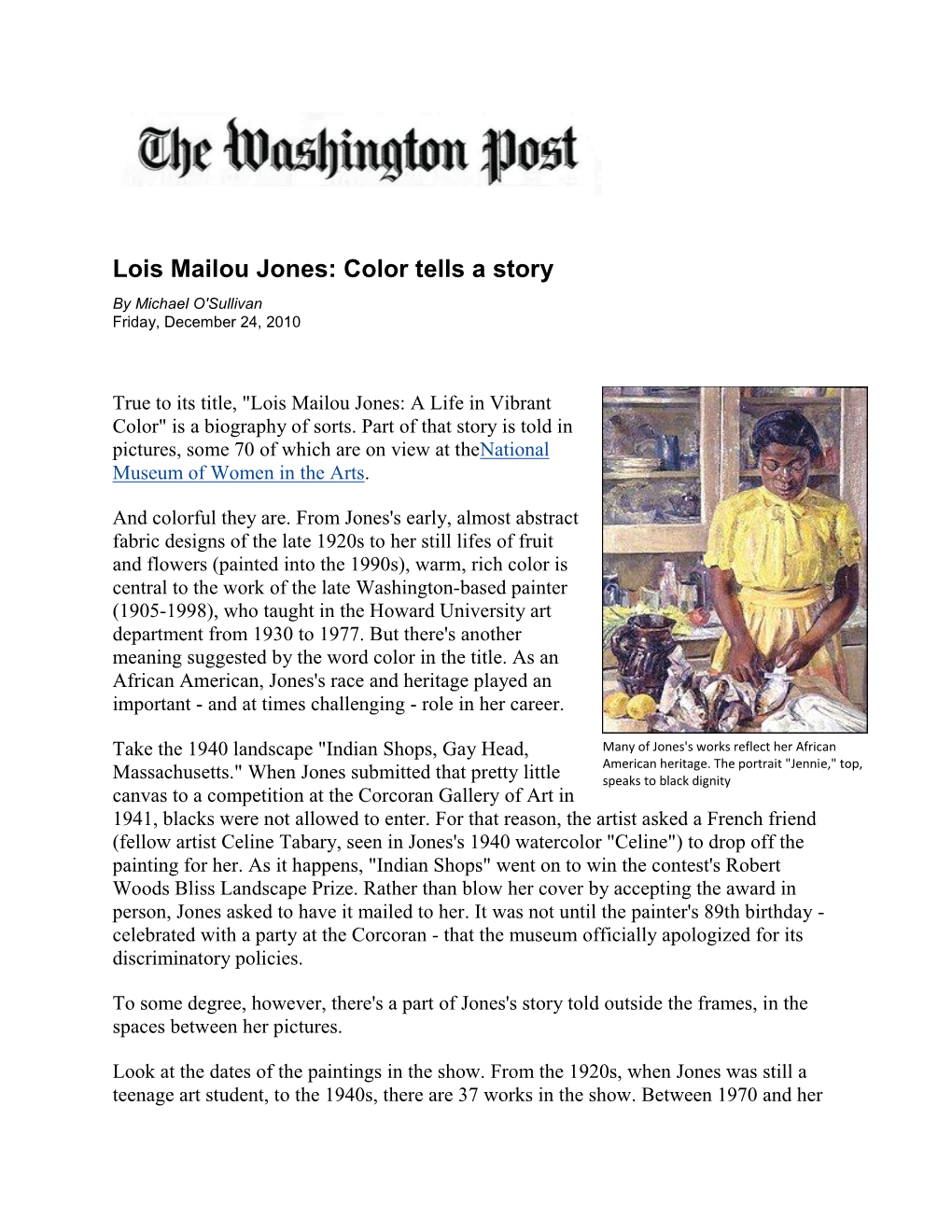 Lois Mailou Jones: Color Tells a Story by Michael O'sullivan Friday, December 24, 2010