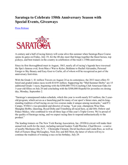 Saratoga to Celebrate 150Th Anniversary Season with Special Events, Giveaways