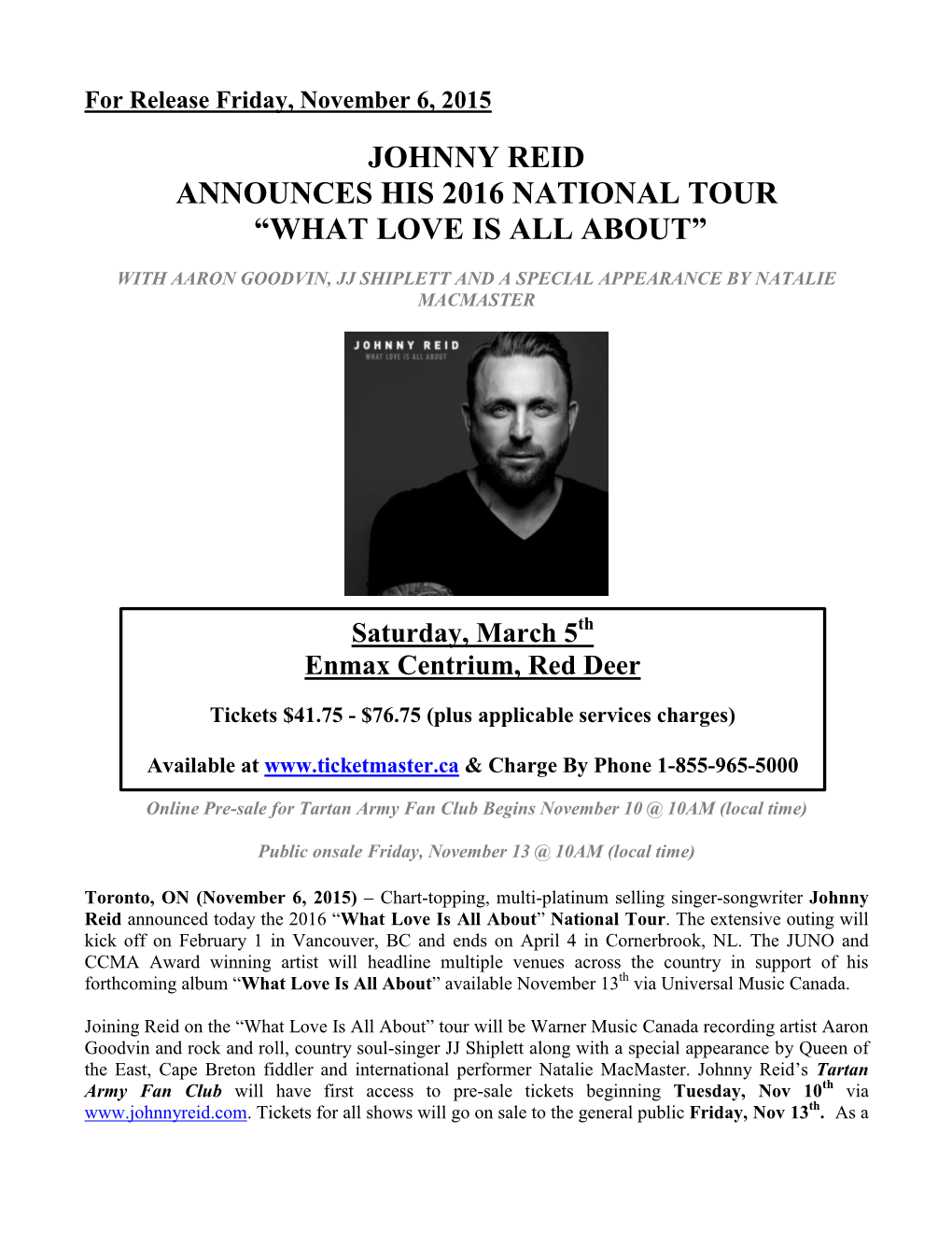 Johnny Reid Announces His 2016 National Tour “What Love Is All About”