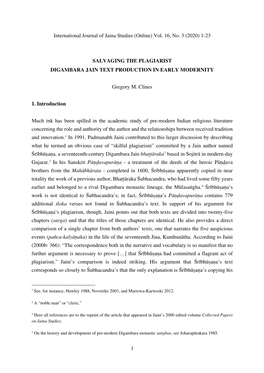 1 International Journal of Jaina Studies (Online) Vol. 16, No. 3 (2020) 1-23 SALVAGING the PLAGIARIST DIGAMBARA JAIN TEXT PRODUC