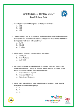 Cardiff Libraries - Heritage Library Local History Quiz