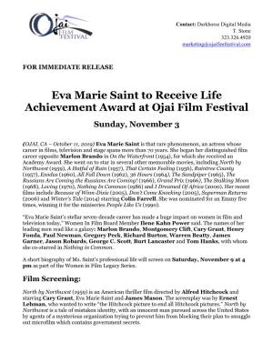 Eva Marie Saint to Receive Life Achievement Award at Ojai Film Festival Sunday, November 3