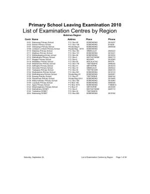 List of Examination Centres by Region Bobirwa Region Centr Name Addres Place Phone 0101 Bobonong Primary School P.O