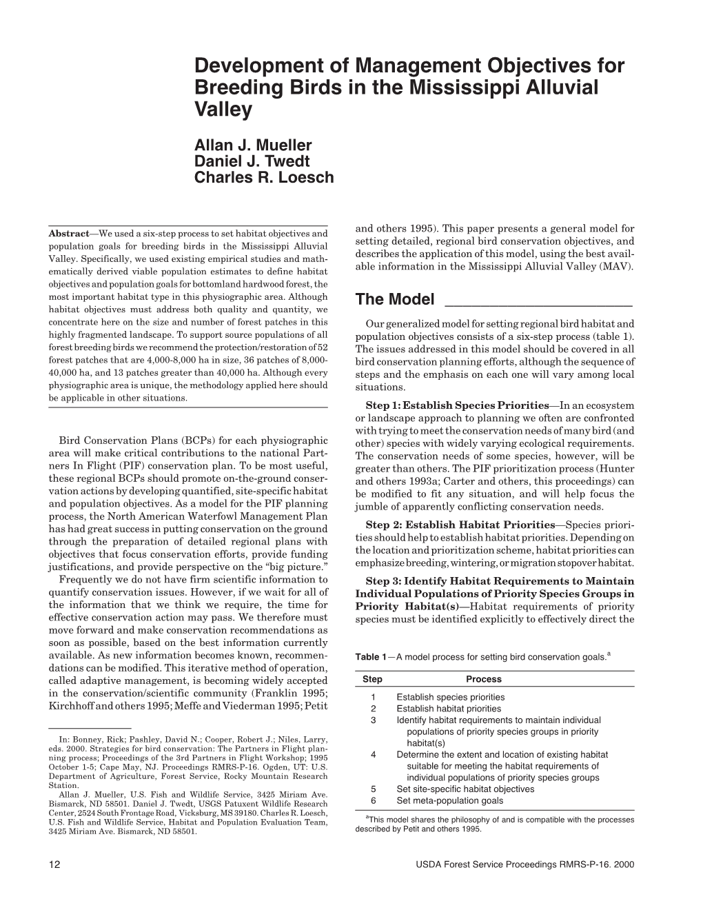 Development of Management Objectives for Breeding Birds in the Mississippi Alluvial Valley