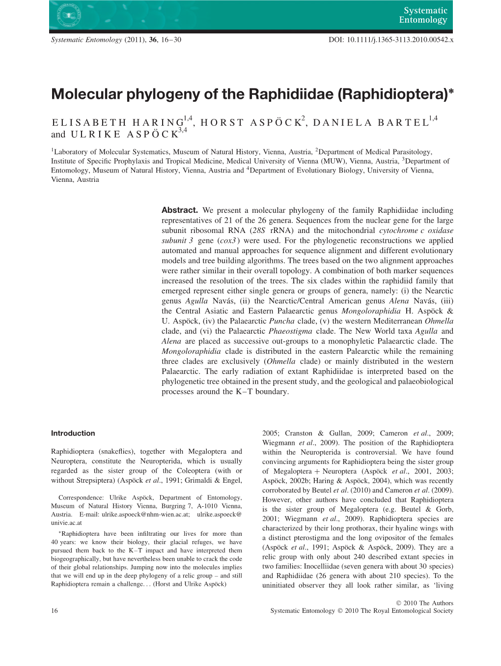 Molecular Phylogeny of the Raphidiidae (Raphidioptera)∗