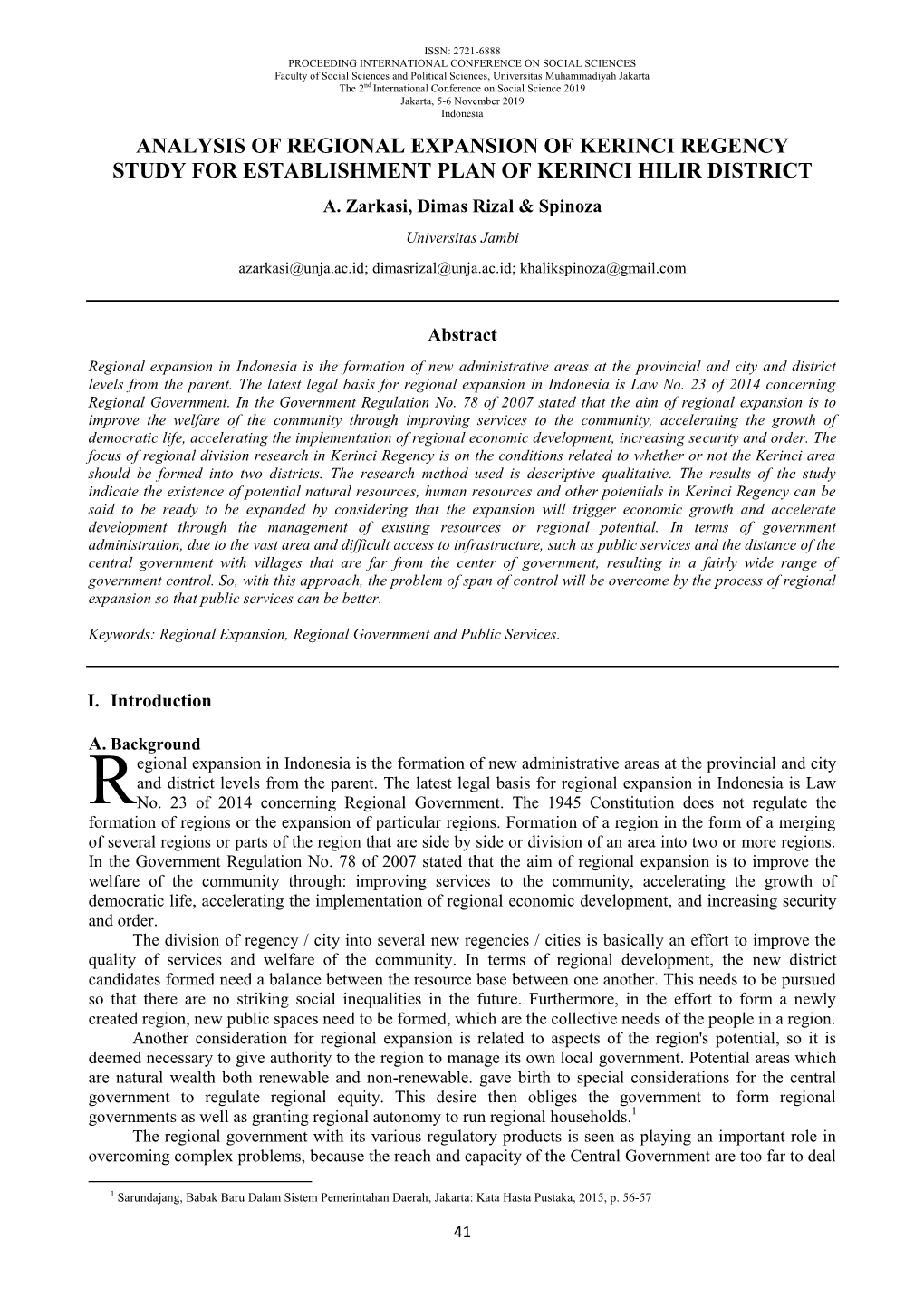 Analysis of Regional Expansion of Kerinci Regency Study for Establishment Plan of Kerinci Hilir District A