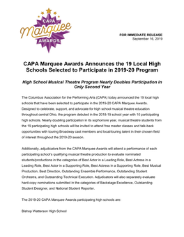 CAPA Marquee Awards Announces the 19 Local High Schools Selected to Participate in 2019-20 Program