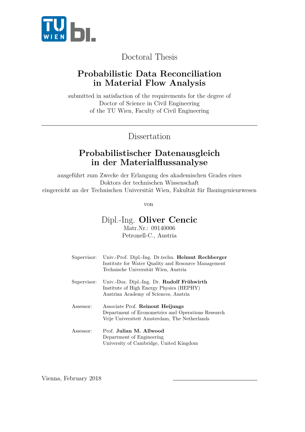 Doctoral Thesis Probabilistic Data Reconciliation in Material Flow