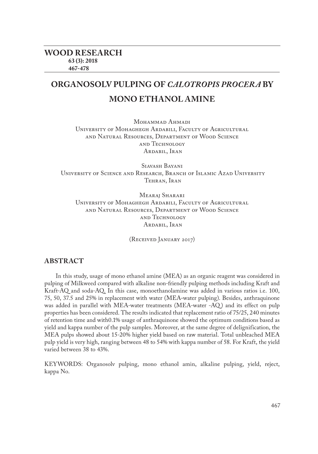 Wood Research Organosolv Pulping of Calotropis