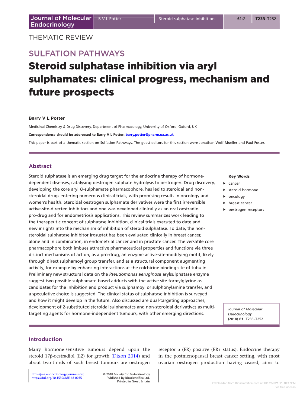 Steroid Sulphatase Inhibition Via Aryl Sulphamates: Clinical Progress, Mechanism and Future Prospects