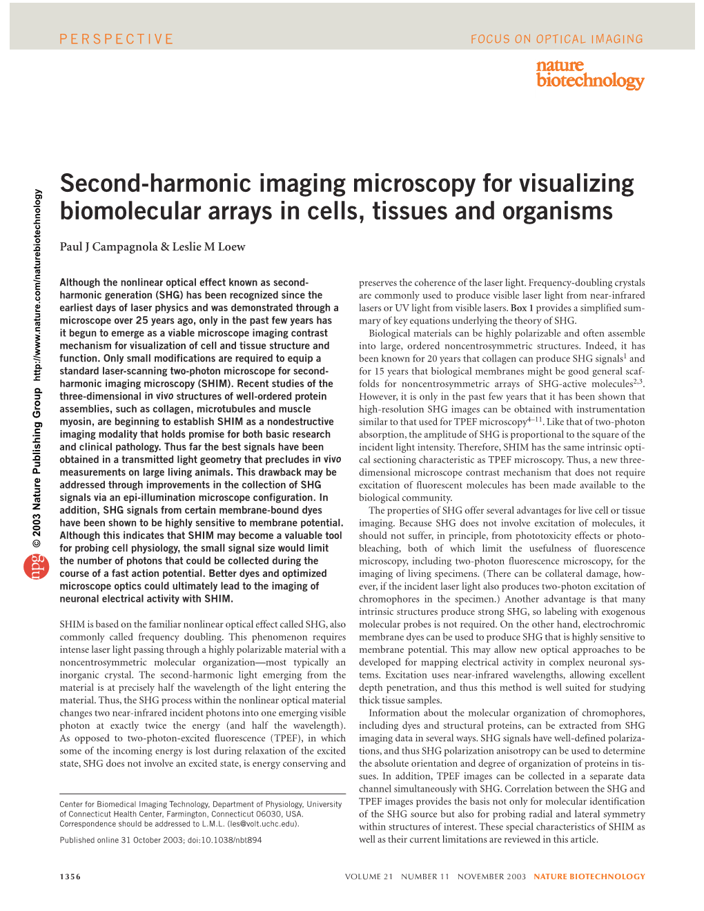 Second-Harmonic Imaging Microscopy for Visualizing Biomolecular Arrays in Cells, Tissues and Organisms