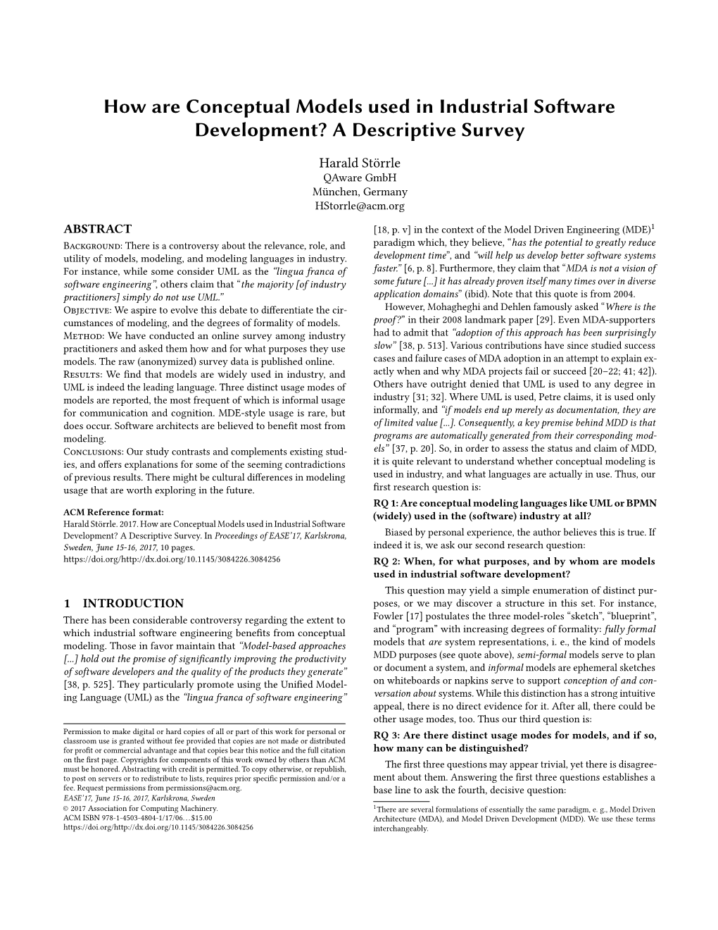 How Are Conceptual Models Used in Industrial Software Development? a Descriptive Survey