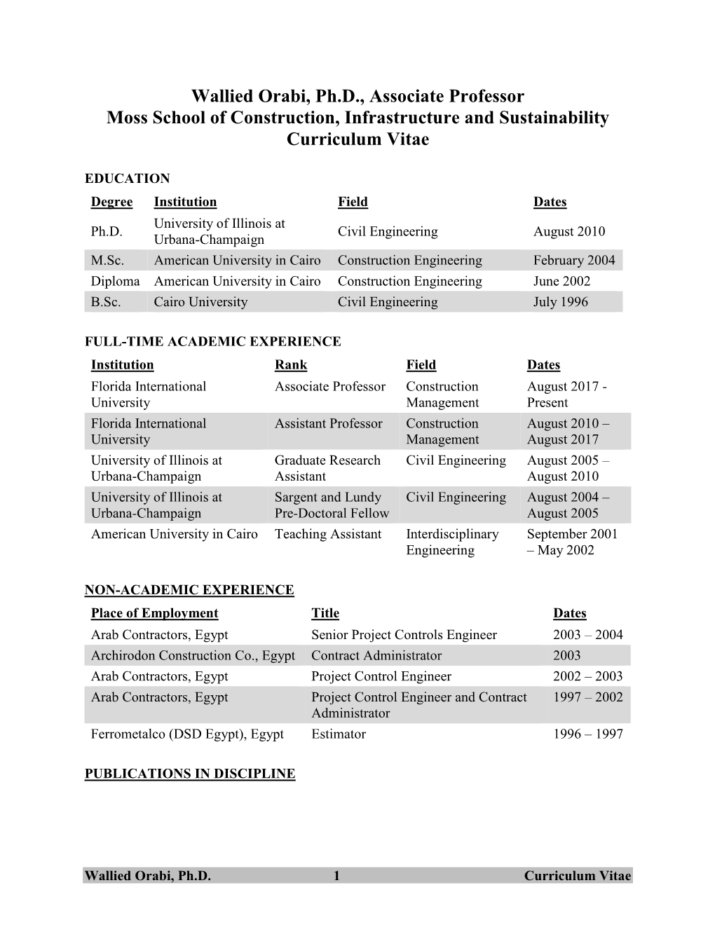 Wallied Orabi, Ph.D., Associate Professor Moss School of Construction, Infrastructure and Sustainability Curriculum Vitae