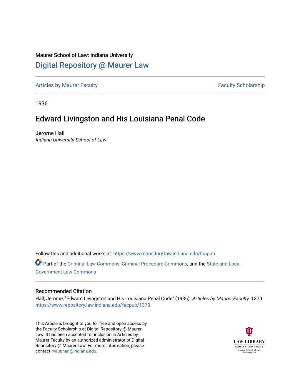 Edward Livingston and His Louisiana Penal Code