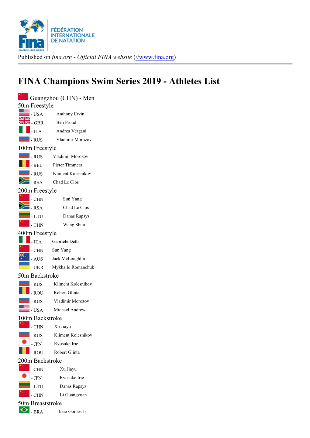 FINA Champions Swim Series 2019 - Athletes List