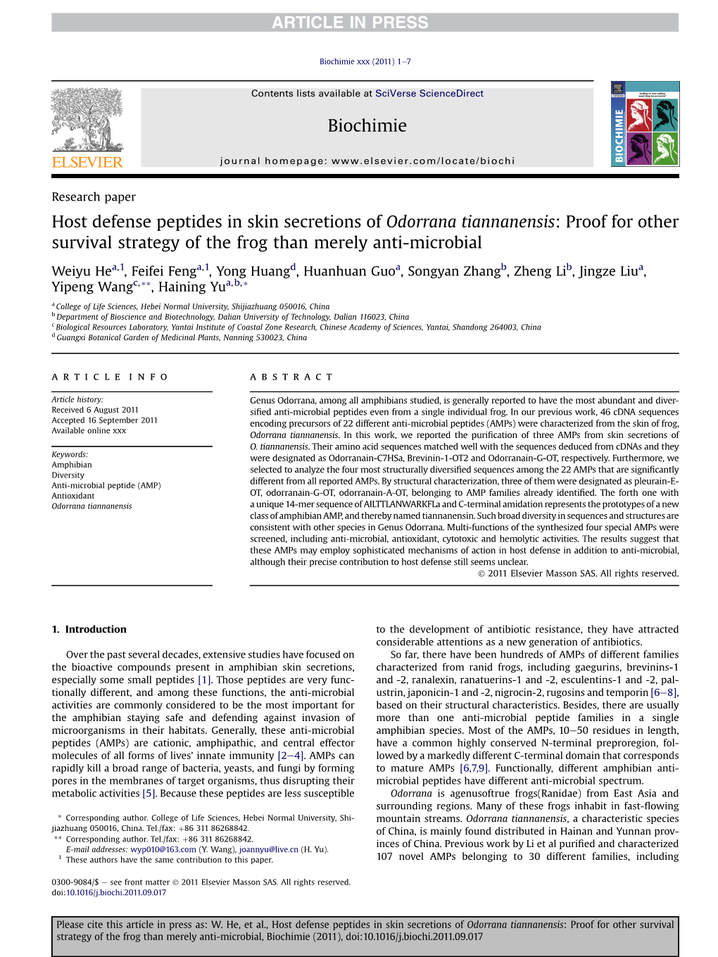 Host Defense Peptides in Skin Secretions of Odorrana Tiannanensis: Proof for Other Survival Strategy of the Frog Than Merely Anti-Microbial