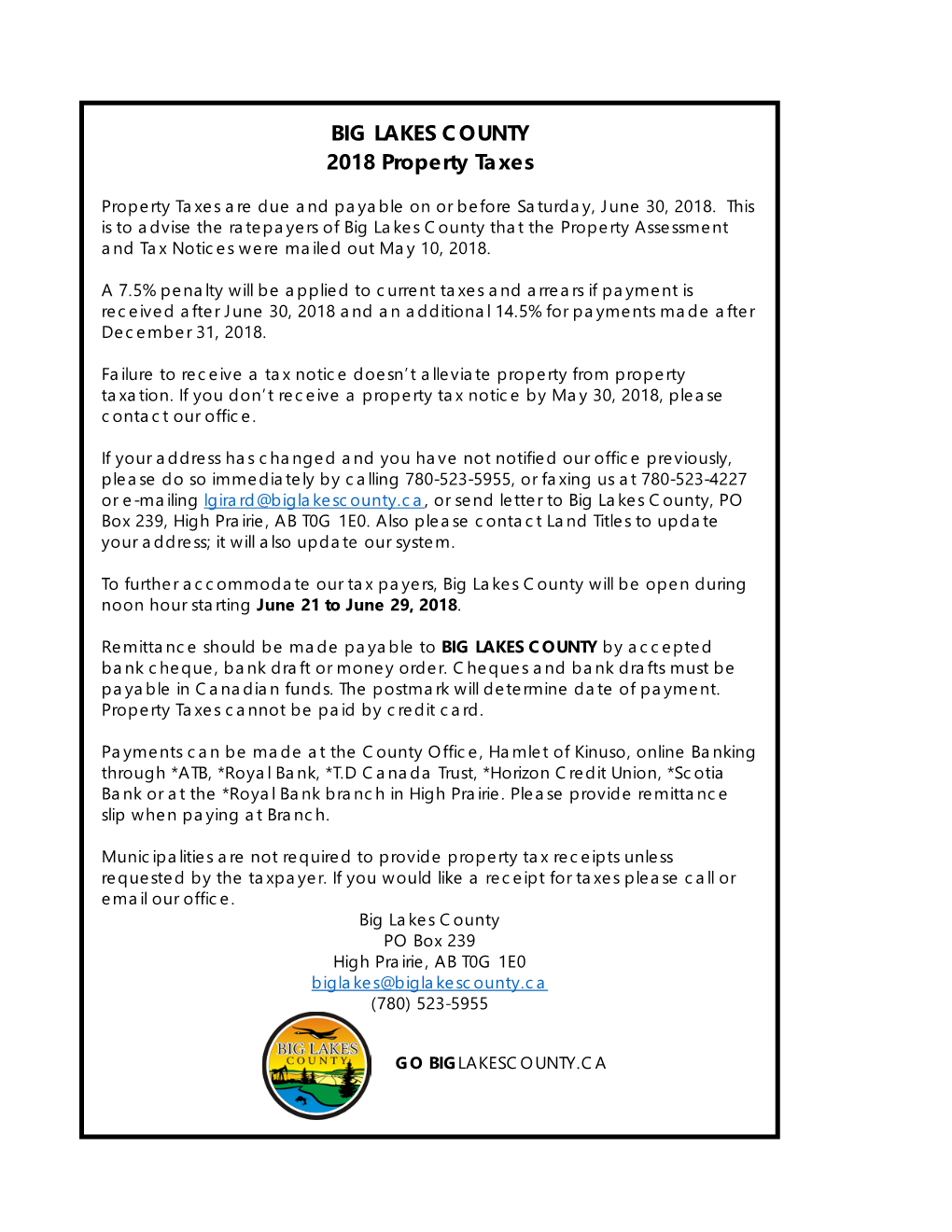BIG LAKES COUNTY 2018 Property Taxes Property Taxes Are Due and Payable on Or Before Saturday, June 30, 2018
