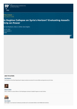 Is Regime Collapse on Syria's Horizon? Evaluating Assad's Grip on Power by Joel Rayburn, Oula A