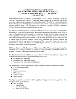 SOUTHEASTERN LOUISIANA UNIVERSITY DEPARTMENT of HISTORY and POLITICAL SCIENCE ECONOMIC, WORKFORCE, and CULTURAL IMPACT February 9, 2010