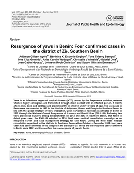 Resurgence of Yaws in Benin: Four Confirmed Cases in the District of Zè, Southern Benin