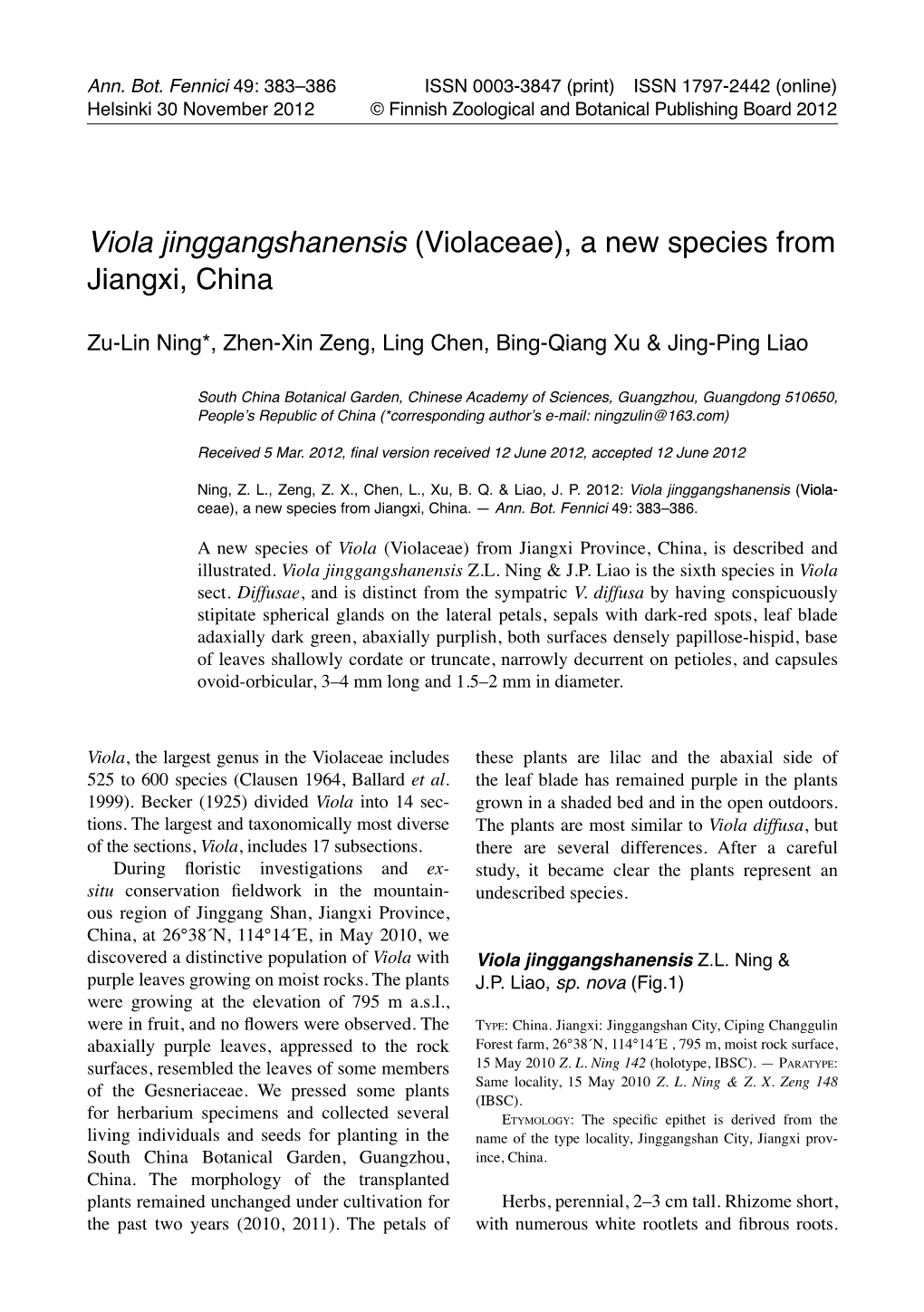 Viola Jinggangshanensis (Violaceae), a New Species from Jiangxi, China