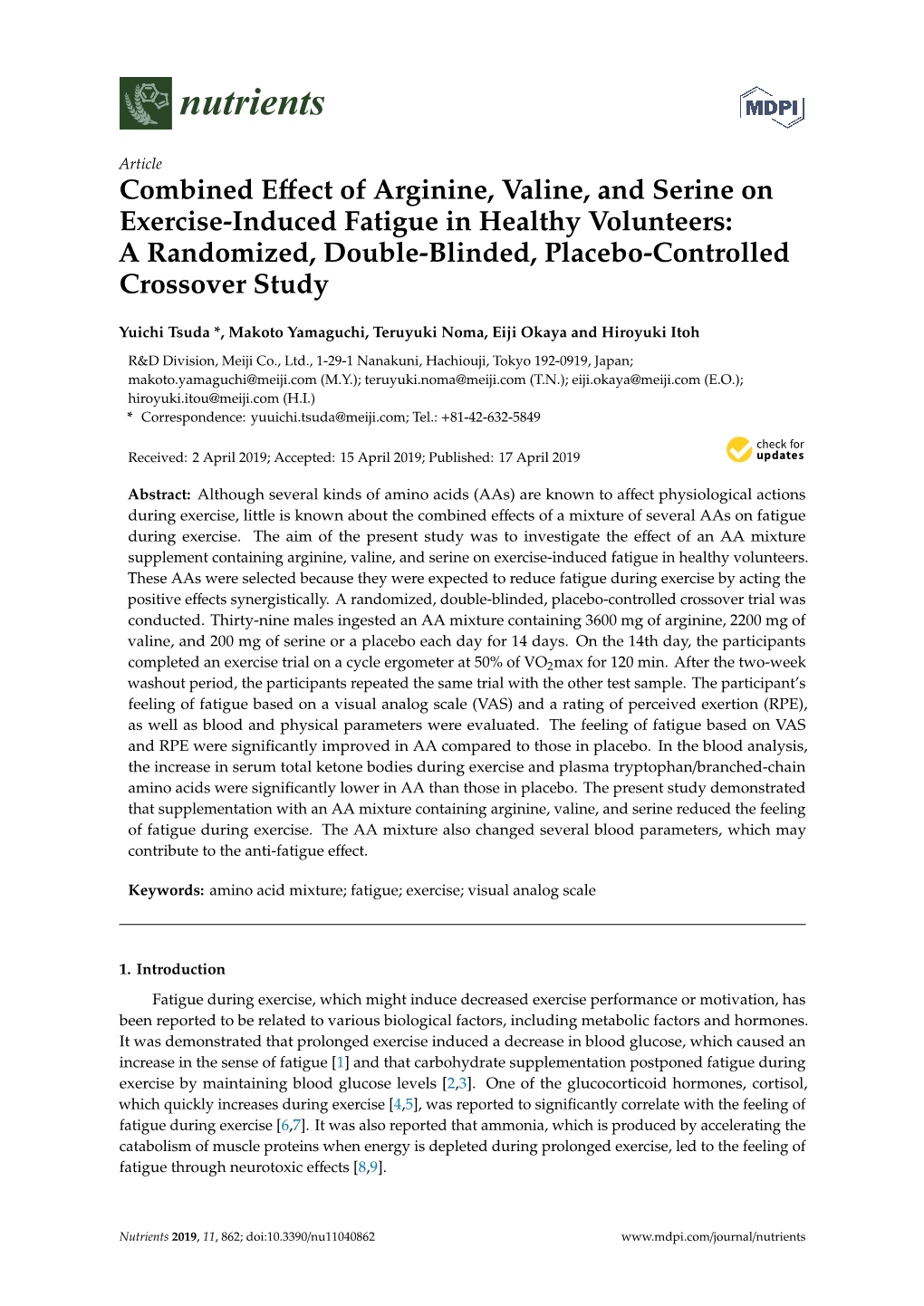 Combined Effect of Arginine, Valine, and Serine on Exercise