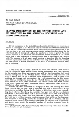 Slov Ak Immigration to the United States and Its Relation to the American Socialist and Labor Movements