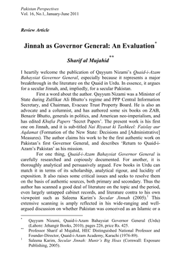 Jinnah As Governor General: an Evaluation