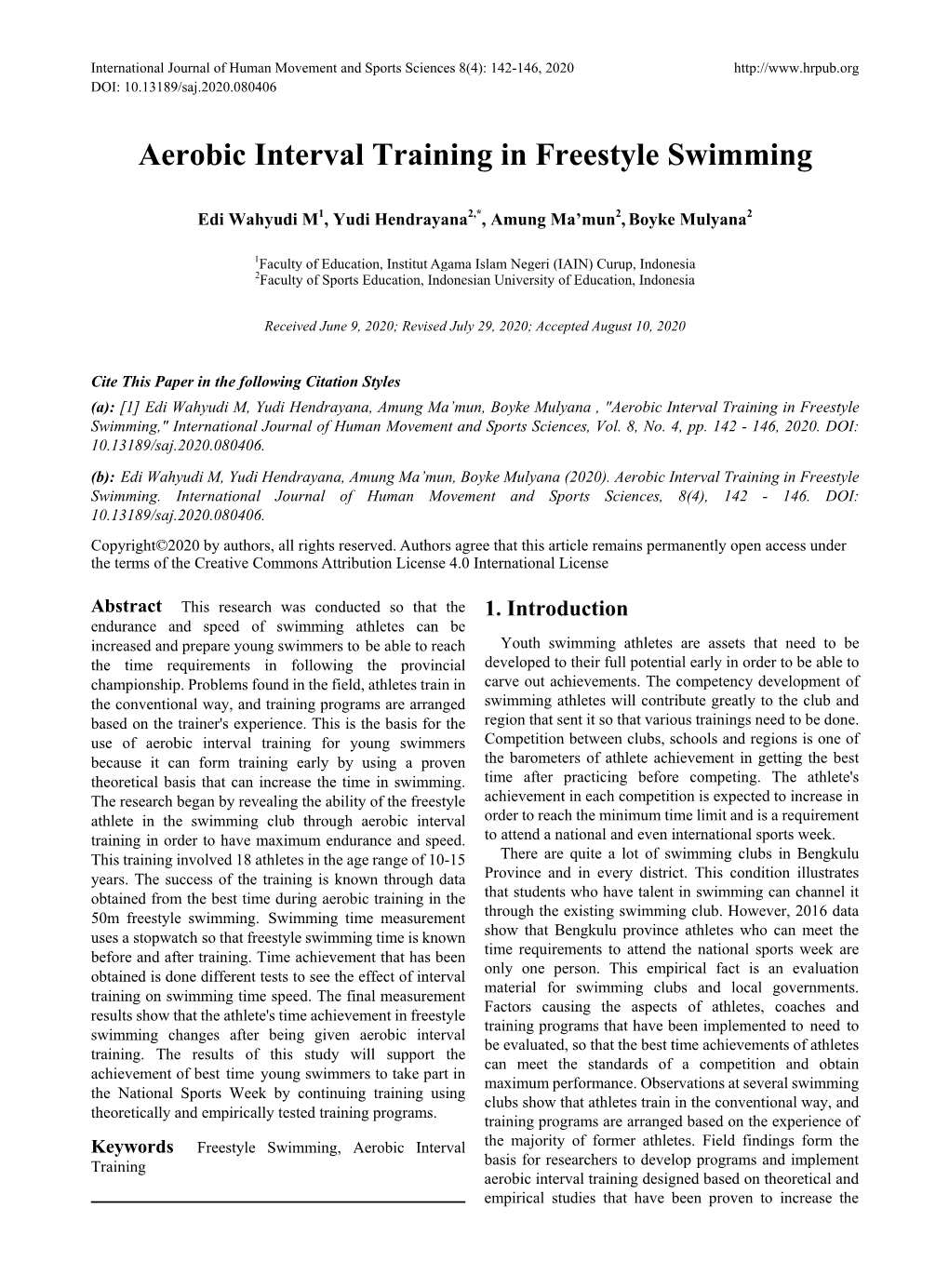 Aerobic Interval Training in Freestyle Swimming