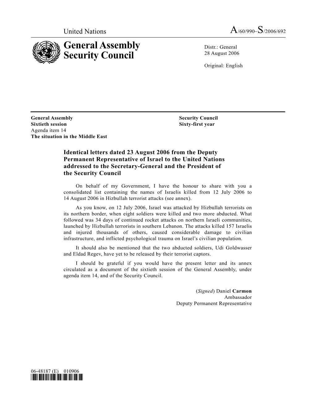 General Assembly Security Council Sixtieth Session Sixty-First Year Agenda Item 14 the Situation in the Middle East