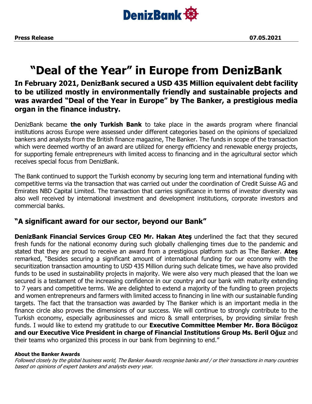 “Deal of the Year” in Europe from Denizbank