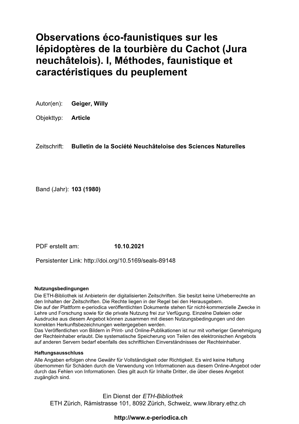 (Jura Neuchâtelois). I, Méthodes, Faunistique Et Caractéristiques Du Peuplement