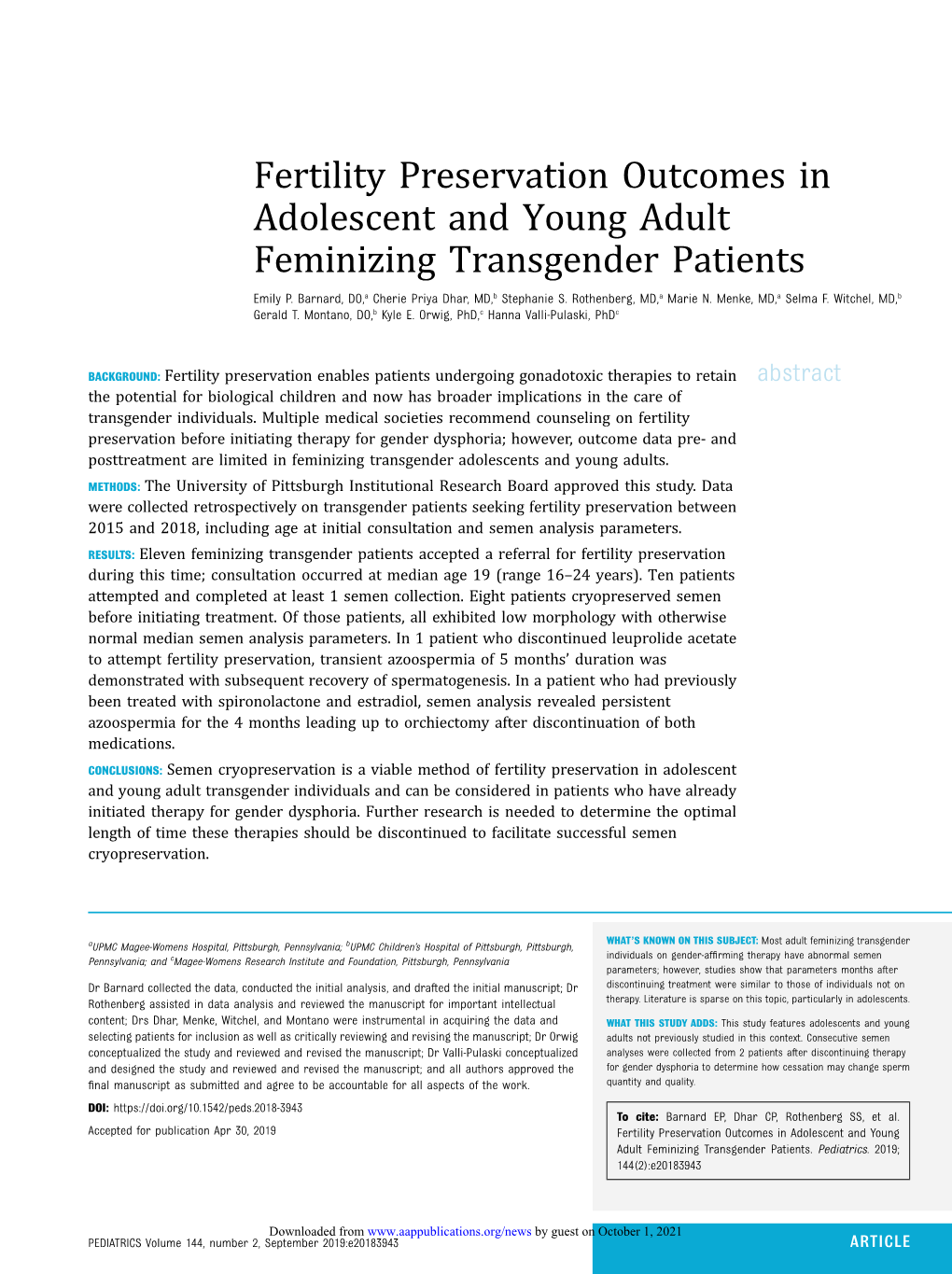 Fertility Preservation Outcomes in Adolescent and Young Adult Feminizing Transgender Patients Emily P