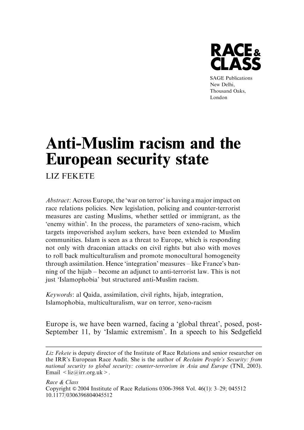 Anti-Muslim Racism and the European Security State LIZ FEKETE