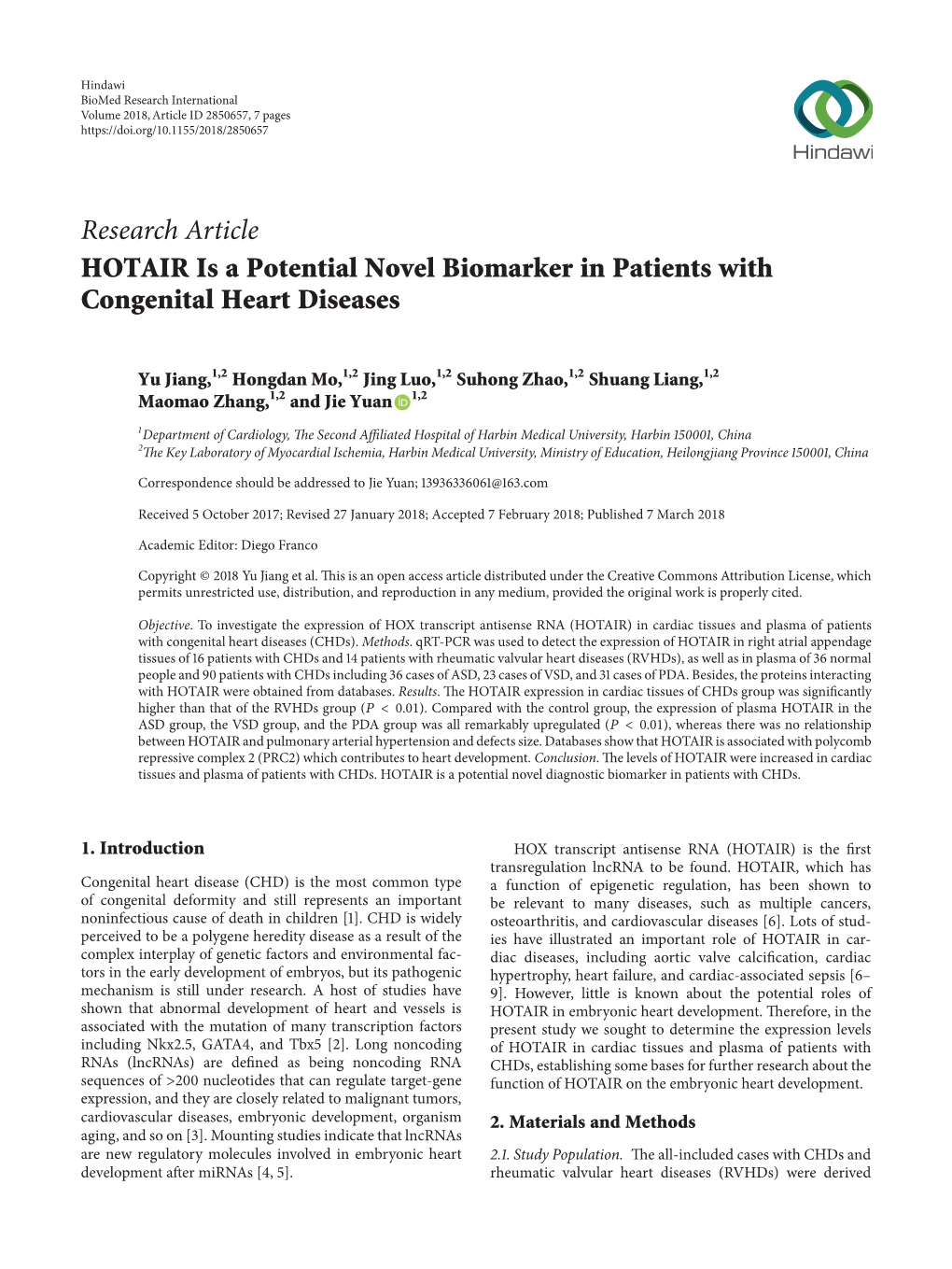 Research Article HOTAIR Is a Potential Novel Biomarker in Patients with Congenital Heart Diseases