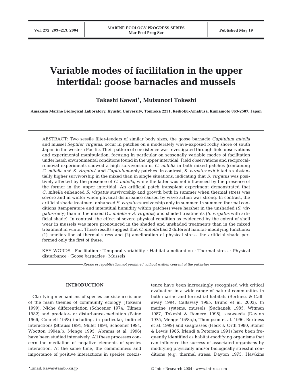 Variable Modes of Facilitation in the Upper Intertidal: Goose Barnacles and Mussels