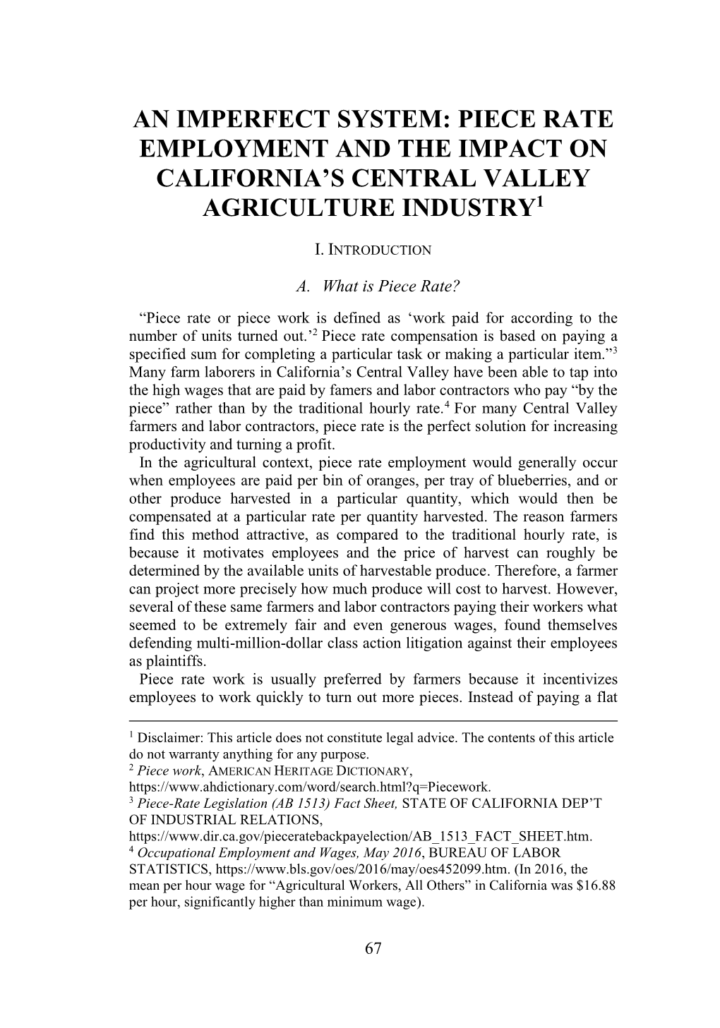 Piece Rate Employment and the Impact on California's Central Valley