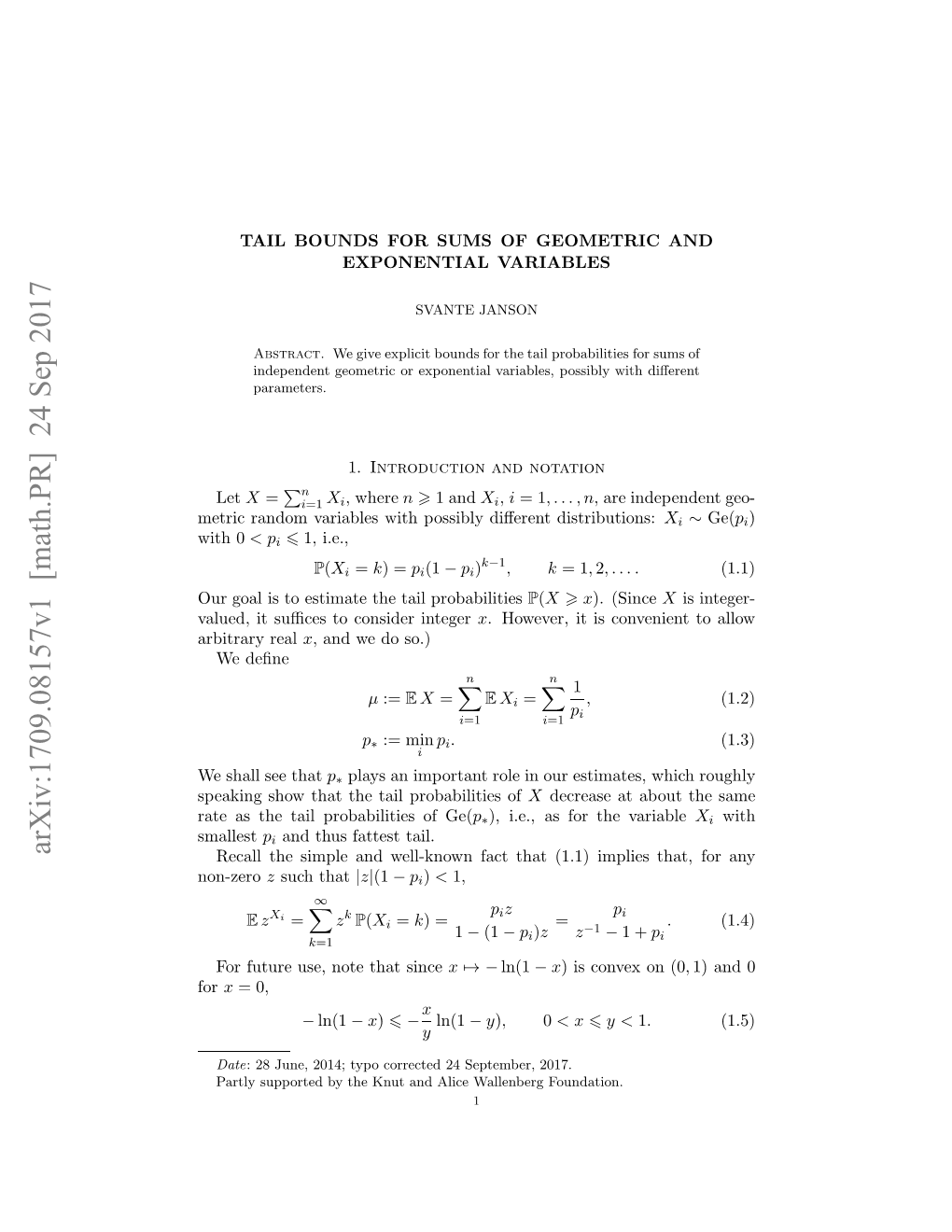 Arxiv:1709.08157V1 [Math.PR]