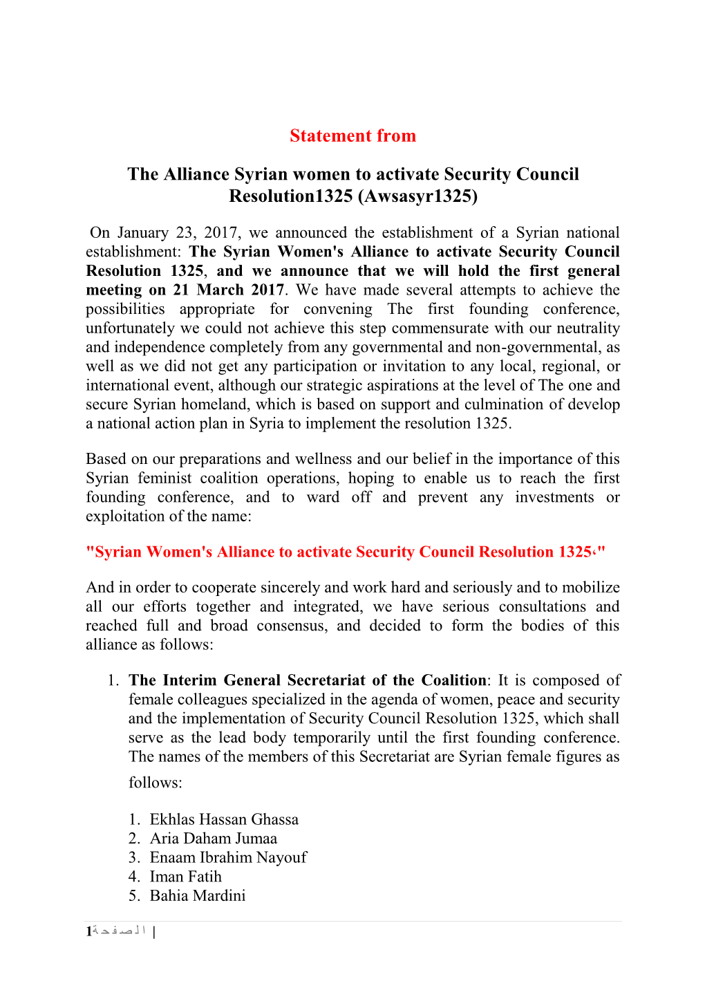 Statement from the Alliance Syrian Women to Activate Security Council