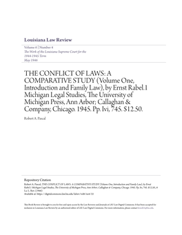 THE CONFLICT of LAWS: a COMPARATIVE STUDY (Volume