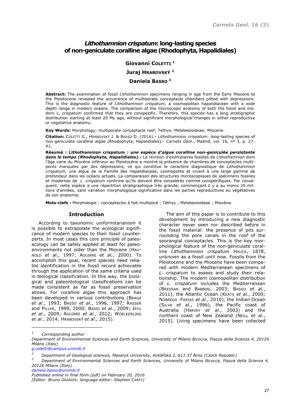 Lithothamnion Crispatum: Long-Lasting Species of Non-Geniculate Coralline Algae (Rhodophyta, Hapalidiales)