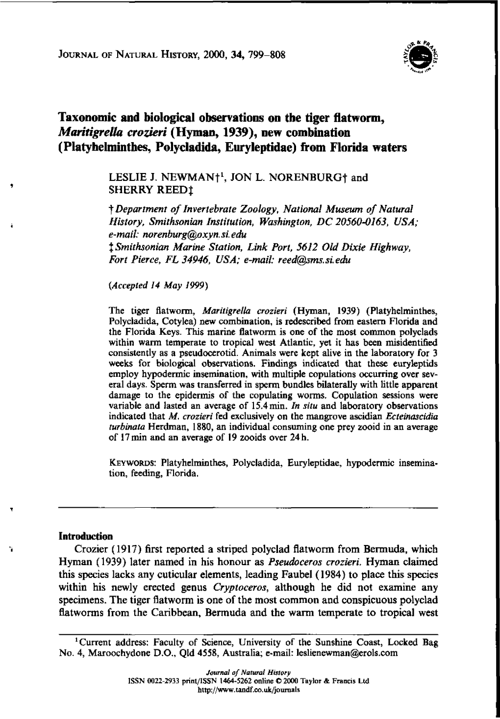 Taxonomic and Biological Observations on the Tiger Flatworm