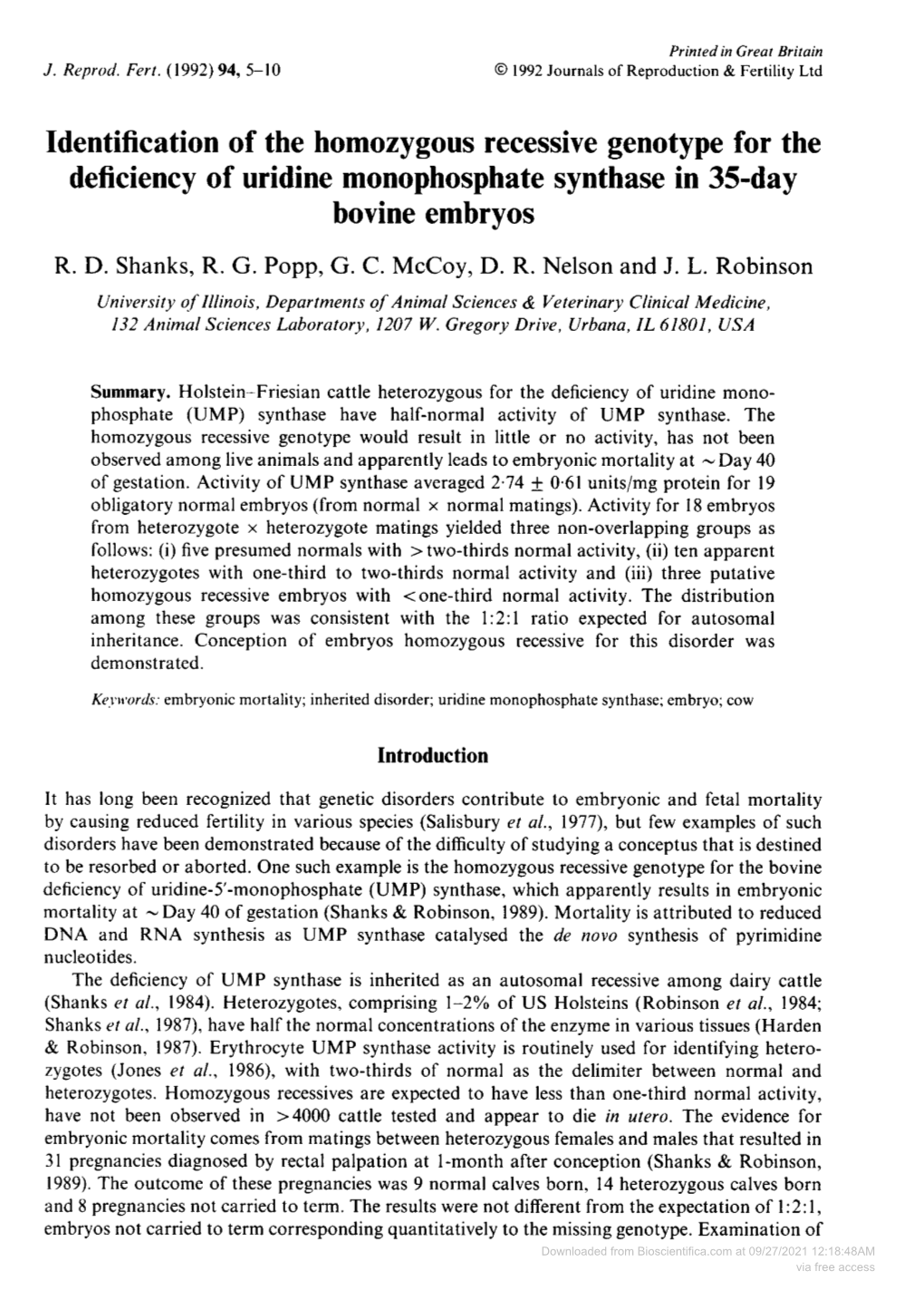 Deficiency of Uridine Monophosphate Synthase in 35-Day Bovine Embryos R