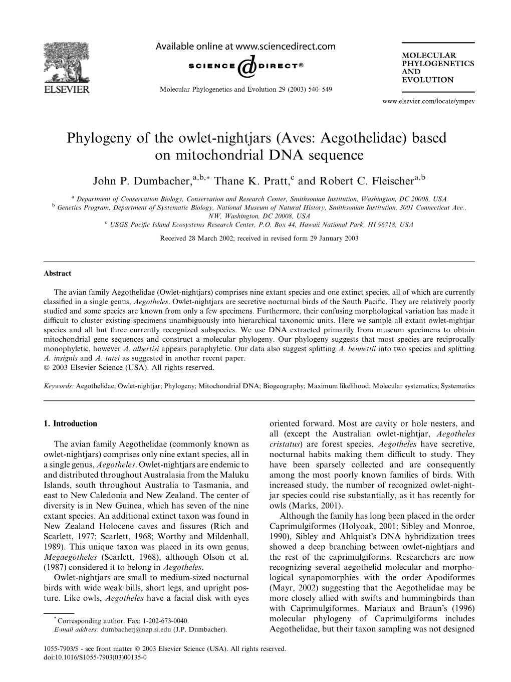 Phylogeny of the Owlet-Nightjars (Aves: Aegothelidae) Based on Mitochondrial DNA Sequence