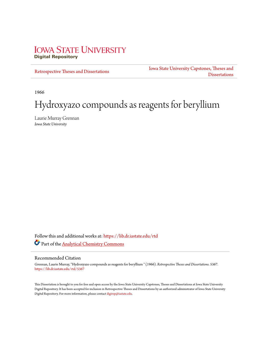 Hydroxyazo Compounds As Reagents for Beryllium Laurie Murray Grennan Iowa State University