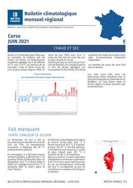 Bulletin Climatologique Mensuel Régional Corse JUIN 2021 Fait